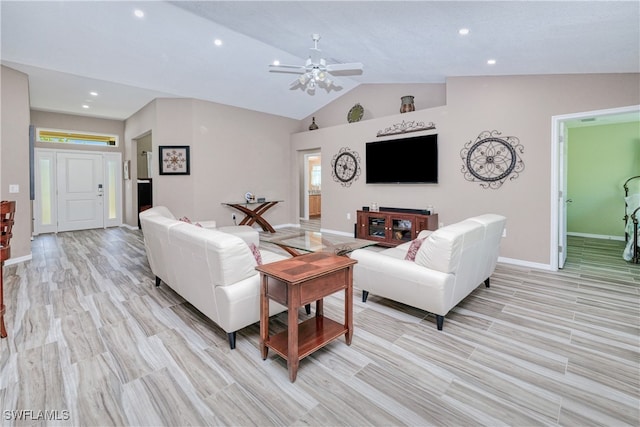 living room with recessed lighting, baseboards, light wood-type flooring, and ceiling fan