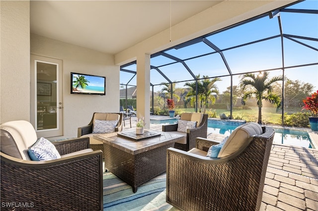 view of patio with an outdoor pool, a lanai, and outdoor lounge area