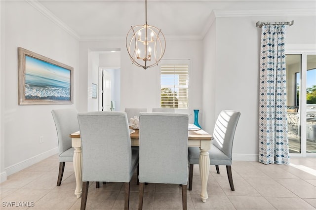 dining area with light tile patterned floors, a healthy amount of sunlight, an inviting chandelier, and ornamental molding