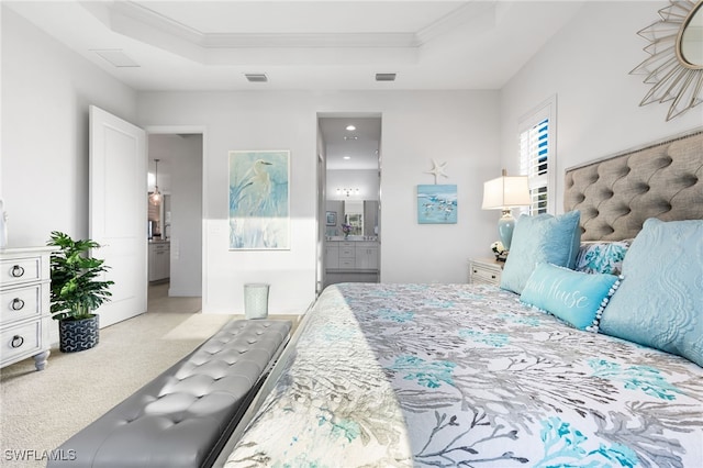 bedroom with light carpet, visible vents, a raised ceiling, and ornamental molding