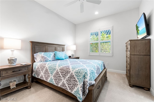 bedroom with recessed lighting, baseboards, light colored carpet, and ceiling fan