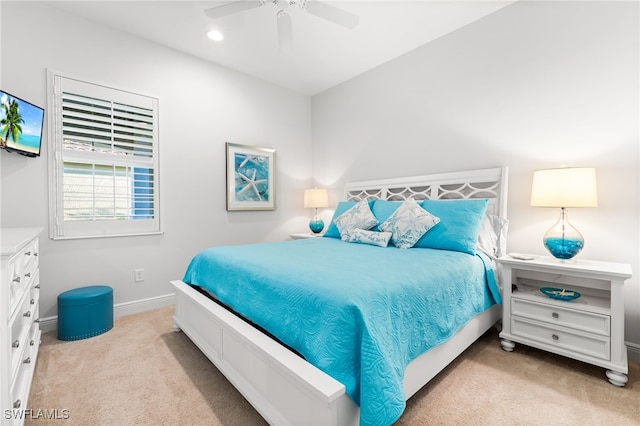 bedroom with recessed lighting, baseboards, carpet, and ceiling fan