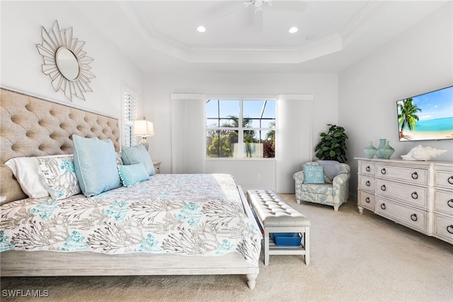 13589 Starwood Ln, Fort Myers, FL 33912 - bedroom featuring ornamental molding, light carpet, recessed lighting, a raised ceiling, and a ceiling fan