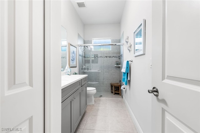 full bath featuring visible vents, a shower stall, toilet, tile patterned floors, and vanity