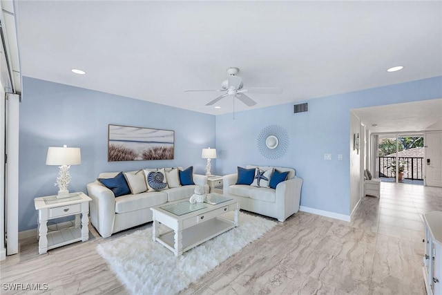 living room featuring visible vents, recessed lighting, baseboards, and ceiling fan