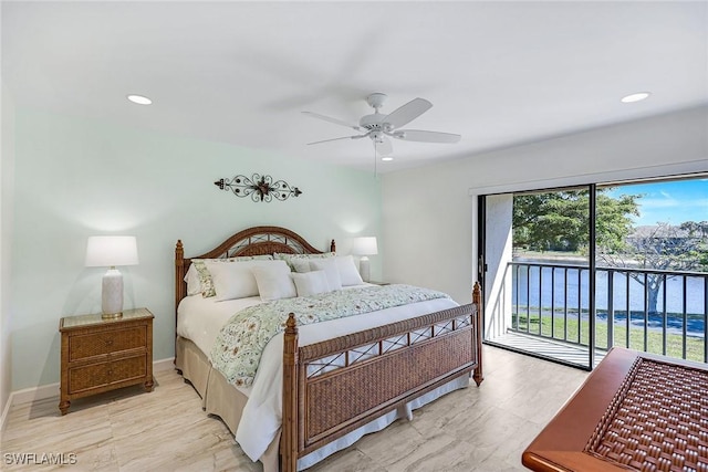 bedroom featuring access to exterior, recessed lighting, baseboards, and a ceiling fan