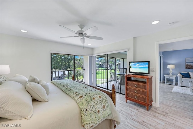 bedroom featuring recessed lighting, baseboards, ceiling fan, and access to outside