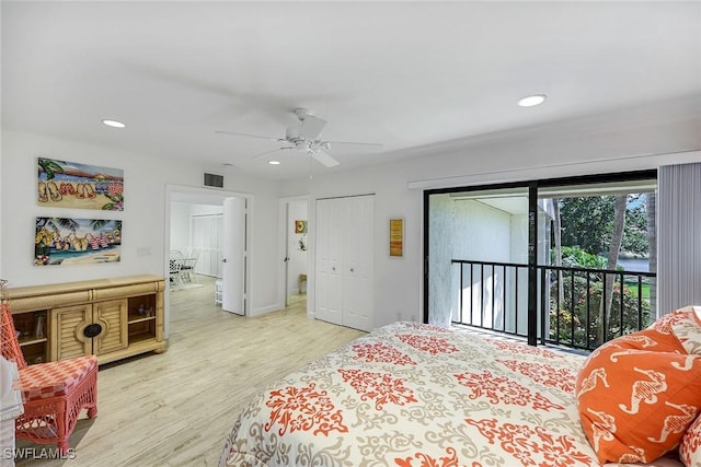 bedroom with recessed lighting, visible vents, light wood finished floors, and access to outside