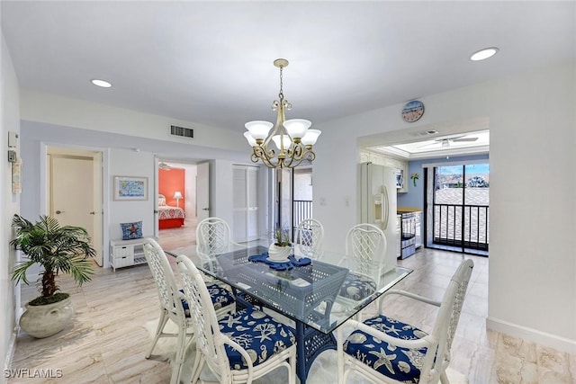 dining area featuring recessed lighting, visible vents, baseboards, and an inviting chandelier