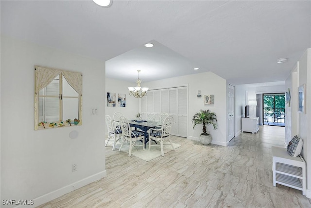 dining room featuring recessed lighting, baseboards, and a chandelier