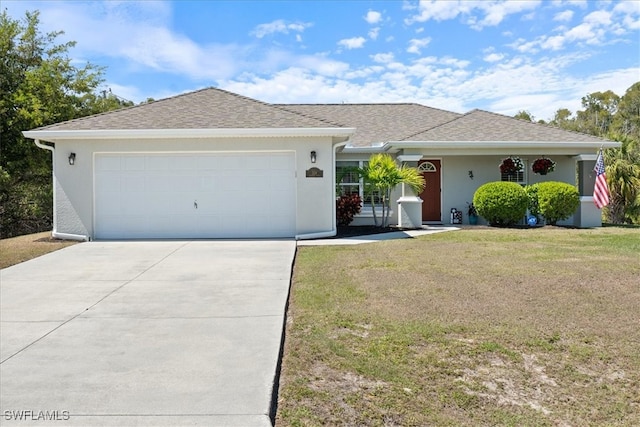 ranch-style home with a front yard, a garage, driveway, and stucco siding