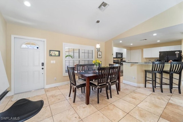 dining space featuring light tile patterned floors, visible vents, baseboards, recessed lighting, and vaulted ceiling