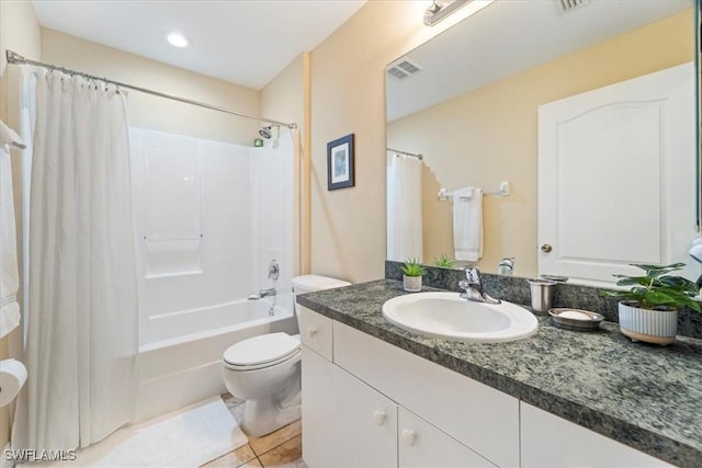 bathroom featuring vanity, shower / bathtub combination with curtain, visible vents, tile patterned floors, and toilet