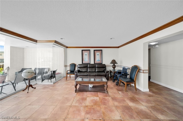 living room featuring light tile patterned floors, a textured ceiling, crown molding, and baseboards