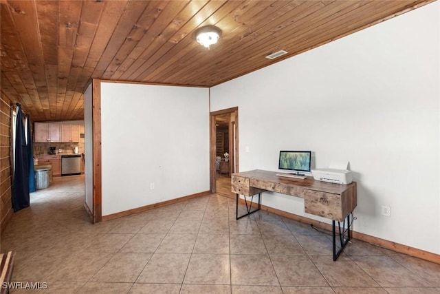 interior space featuring light tile patterned floors, visible vents, wooden ceiling, and baseboards