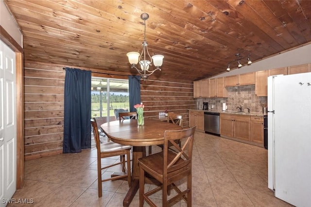 dining room featuring wooden ceiling, light tile patterned floors, a chandelier, and vaulted ceiling