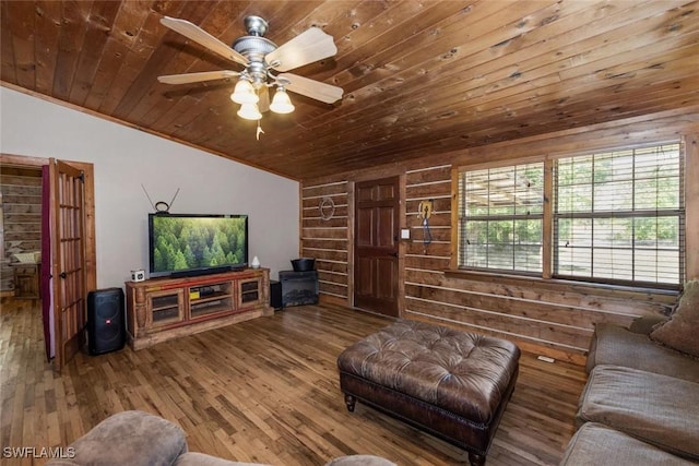 living room featuring wood finished floors, wood ceiling, ceiling fan, and vaulted ceiling