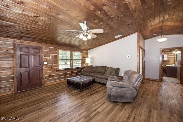 living room with wood walls, wooden ceiling, lofted ceiling, and hardwood / wood-style floors