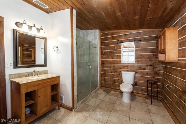 bathroom featuring visible vents, toilet, a stall shower, wooden ceiling, and tile patterned flooring