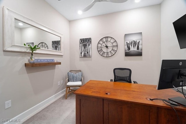 office area with recessed lighting, baseboards, light carpet, and ceiling fan