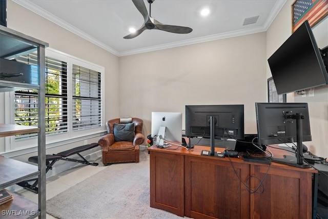 office area featuring crown molding, a ceiling fan, and visible vents