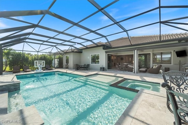 view of swimming pool with a lanai, a patio, outdoor dining space, and a pool with connected hot tub