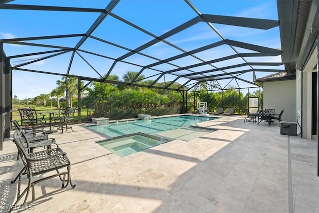 pool with glass enclosure, a patio, outdoor dining area, and a hot tub