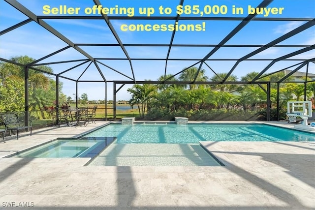 9445 Sanderling Ct, Naples, FL 34120 - view of pool featuring a patio, a pool with connected hot tub, and glass enclosure