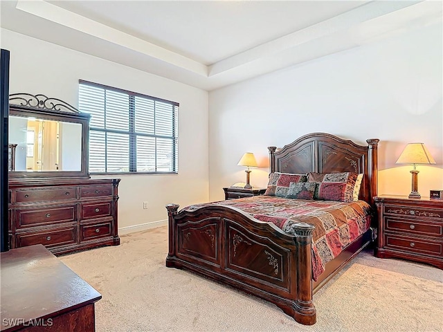 bedroom featuring a raised ceiling, baseboards, and carpet floors