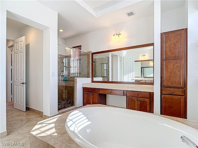 full bath featuring vanity, visible vents, baseboards, a stall shower, and a bath