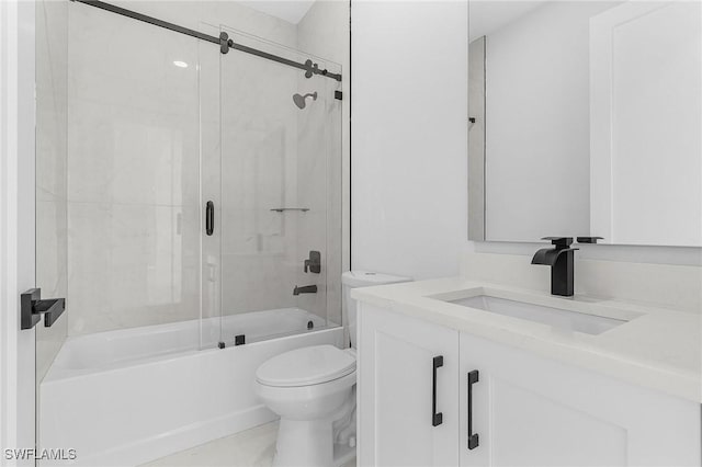 full bathroom with vanity, toilet, marble finish floor, and bath / shower combo with glass door