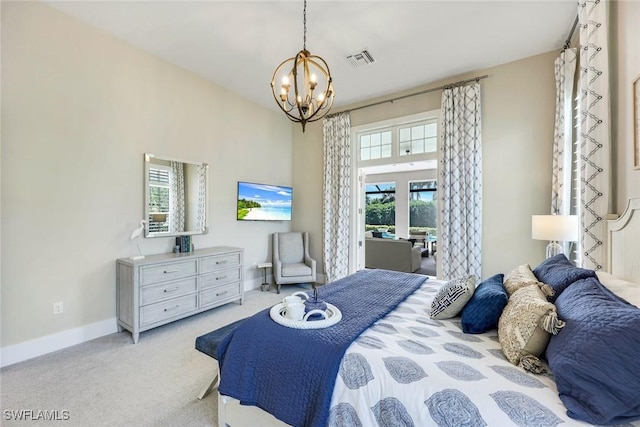 bedroom featuring baseboards, visible vents, a towering ceiling, carpet flooring, and a notable chandelier