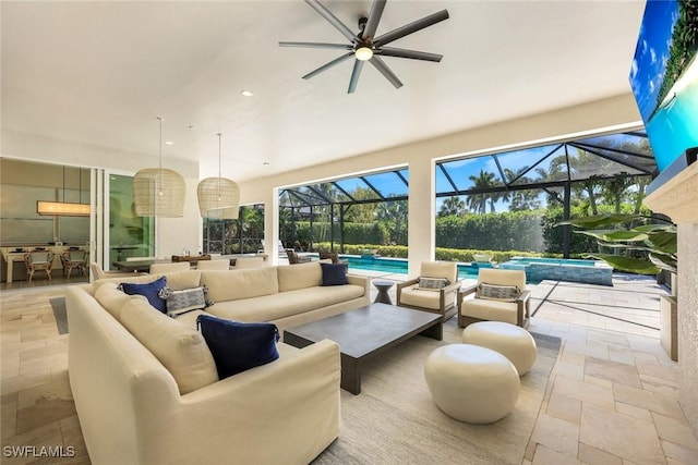 view of patio with an outdoor pool, glass enclosure, a ceiling fan, and outdoor lounge area