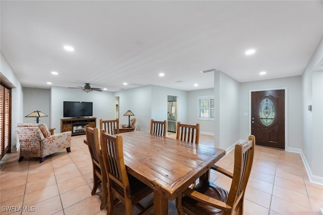 dining area featuring light tile patterned floors, recessed lighting, and visible vents