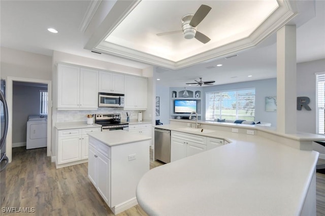 kitchen with a ceiling fan, a tray ceiling, washer / clothes dryer, appliances with stainless steel finishes, and a center island