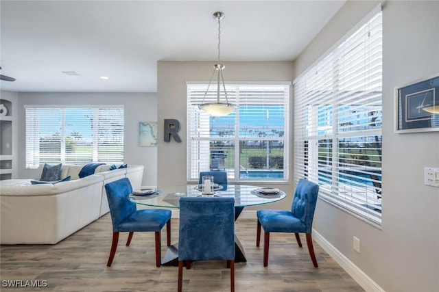 dining space featuring baseboards and wood finished floors