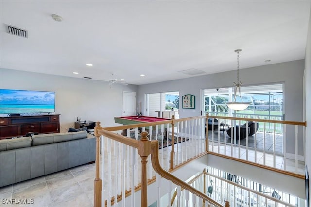 interior space with recessed lighting, visible vents, pool table, and a ceiling fan