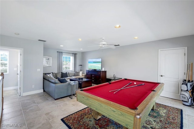 recreation room featuring recessed lighting, baseboards, ceiling fan, and billiards