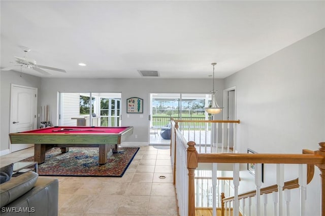 rec room with visible vents, pool table, ceiling fan, baseboards, and light tile patterned flooring