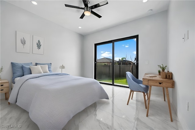 bedroom with baseboards, recessed lighting, marble finish floor, a ceiling fan, and access to outside