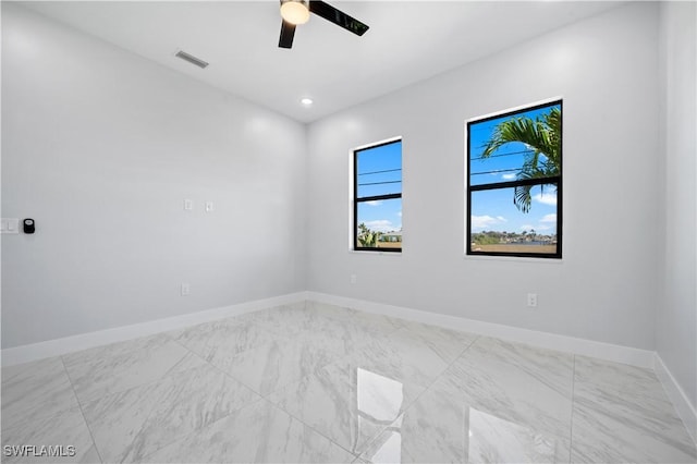 unfurnished room with recessed lighting, baseboards, visible vents, and ceiling fan