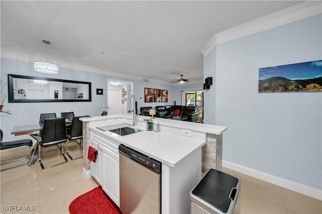 11510 Villa Grand Unit 408, Fort Myers, FL 33913 - kitchen featuring light countertops, ornamental molding, a sink, ceiling fan, and dishwasher