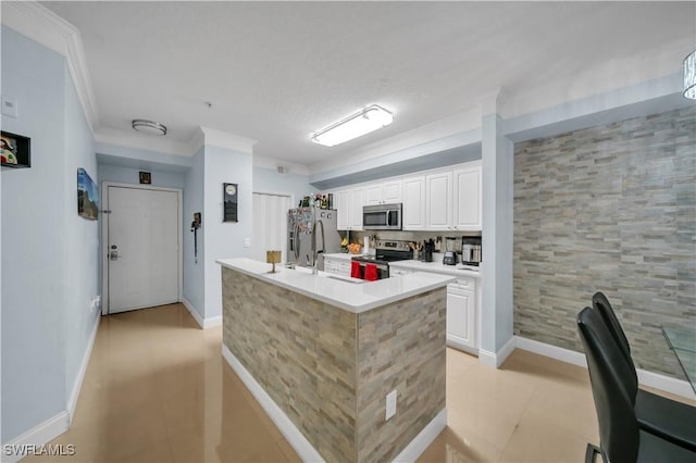 11510 Villa Grand Unit 408, Fort Myers, FL 33913 - kitchen with light countertops, white cabinetry, light tile patterned floors, stainless steel appliances, and ornamental molding