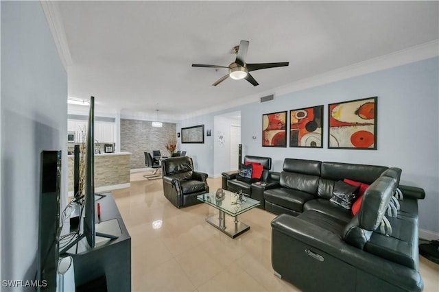 11510 Villa Grand Unit 408, Fort Myers, FL 33913 - living room featuring visible vents, crown molding, and ceiling fan