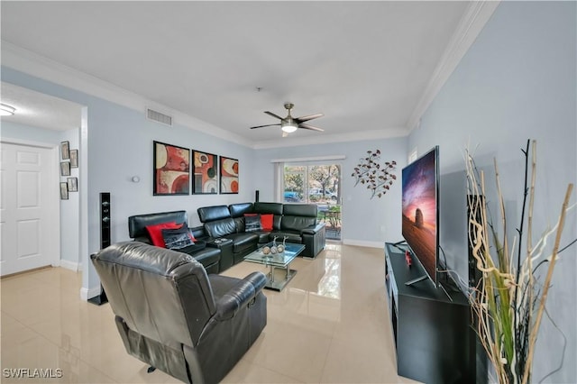 11510 Villa Grand Unit 408, Fort Myers, FL 33913 - living room with ornamental molding, baseboards, ceiling fan, and visible vents