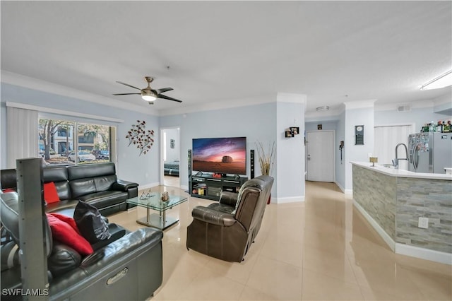11510 Villa Grand Unit 408, Fort Myers, FL 33913 - living area with light tile patterned flooring, visible vents, crown molding, baseboards, and a ceiling fan