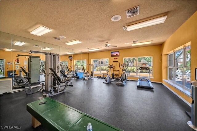 11510 Villa Grand Unit 408, Fort Myers, FL 33913 - workout area with baseboards, visible vents, ceiling fan, and a textured ceiling