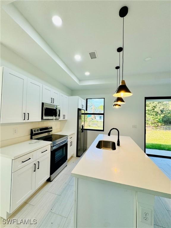 kitchen with visible vents, a sink, appliances with stainless steel finishes, white cabinets, and a raised ceiling