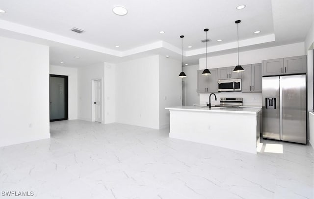 3204 69th St W, Lehigh Acres, FL 33971 - kitchen with light countertops, a raised ceiling, gray cabinetry, stainless steel appliances, and visible vents