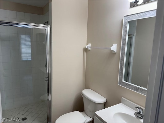 bathroom featuring a stall shower, toilet, and vanity